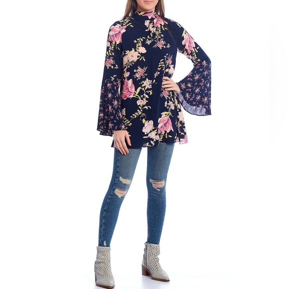 NWT Free People Tunic Open-back Floral Navy Mini Dress - XS - Picture 2 of 15